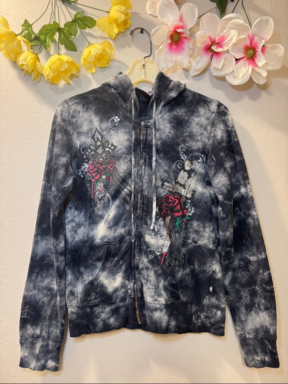 Tie-Dye Zip Hoodie Vest with Red Rose Graphic - Black & White